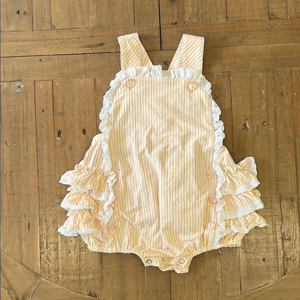 Serendipity cross back striped button front ruffled bubble romper